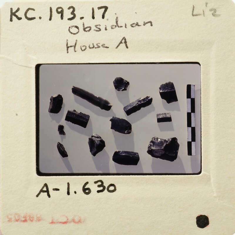 Photograph of small rocks on a white surface with black grid lines and handwritten labels.