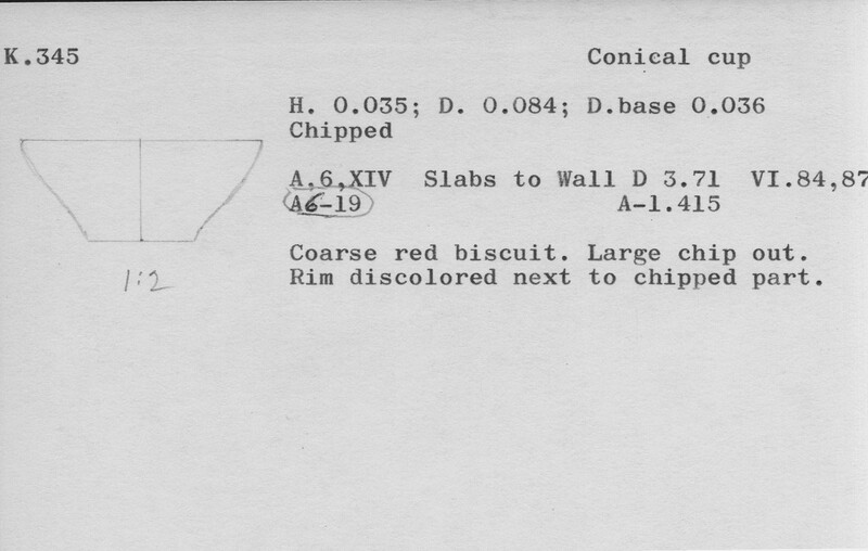 Index card with typed and handwritten information, sometimes including a sketch, of pottery from an excavation.