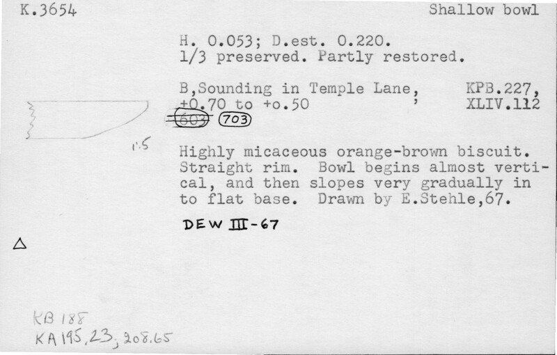 Index card with typed and handwritten information, sometimes including a sketch, of pottery from an excavation.