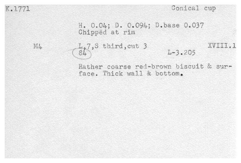 Index card with typed and handwritten information, sometimes including a sketch, of pottery from an excavation.
