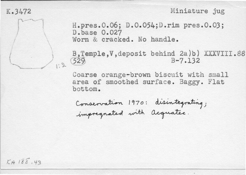 Index card with typed and handwritten information, sometimes including a sketch, of pottery from an excavation.