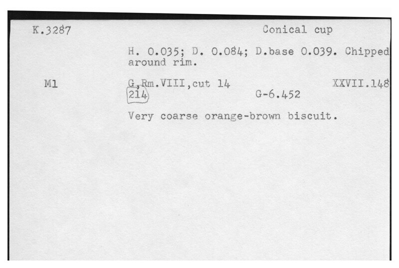 Index card with typed and handwritten information, sometimes including a sketch, of pottery from an excavation.