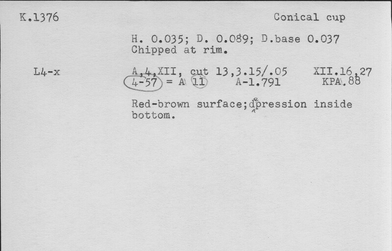 Index card with typed and handwritten information, sometimes including a sketch, of pottery from an excavation.