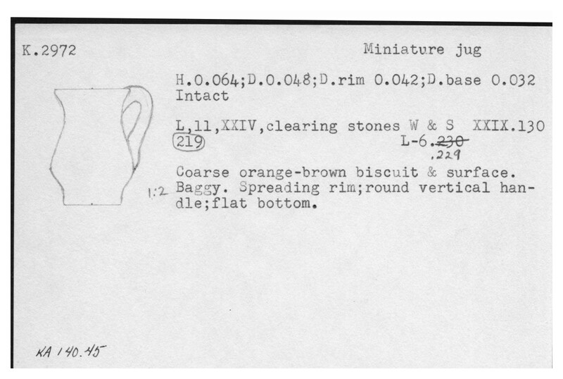Index card with typed and handwritten information, sometimes including a sketch, of pottery from an excavation.