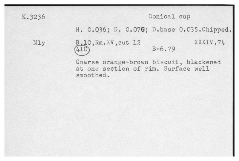Index card with typed and handwritten information, sometimes including a sketch, of pottery from an excavation.