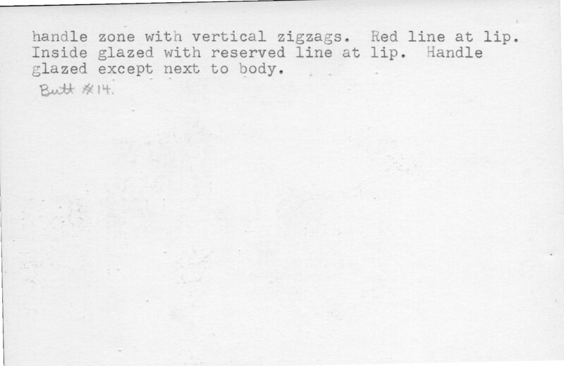 Index card with typed and handwritten information, sometimes including a sketch, of pottery from an excavation.