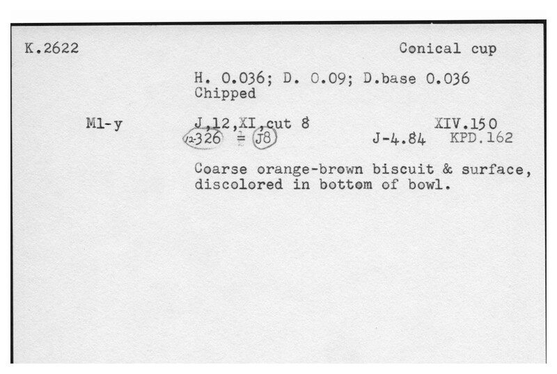 Index card with typed and handwritten information, sometimes including a sketch, of pottery from an excavation.