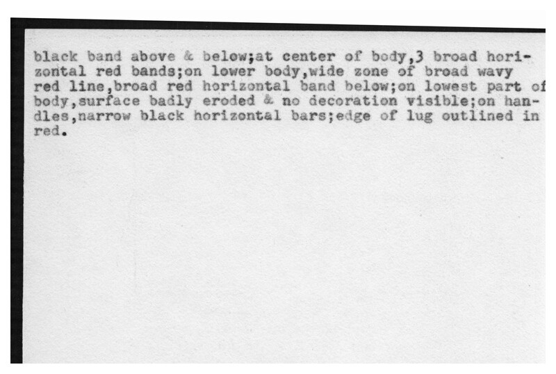 Index card with typed and handwritten information, sometimes including a sketch, of pottery from an excavation.