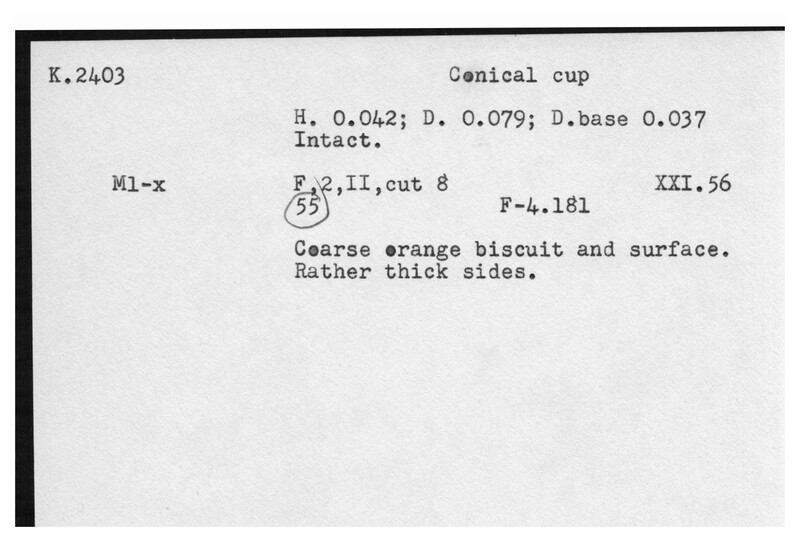 Index card with typed and handwritten information, sometimes including a sketch, of pottery from an excavation.