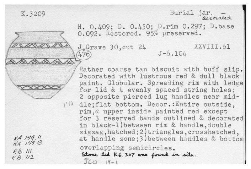Index card with typed and handwritten information, sometimes including a sketch, of pottery from an excavation.