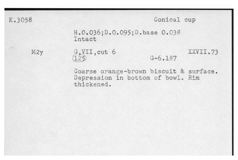 Index card with typed and handwritten information, sometimes including a sketch, of pottery from an excavation.