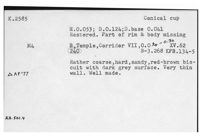 Index card with typed and handwritten information, sometimes including a sketch, of pottery from an excavation.