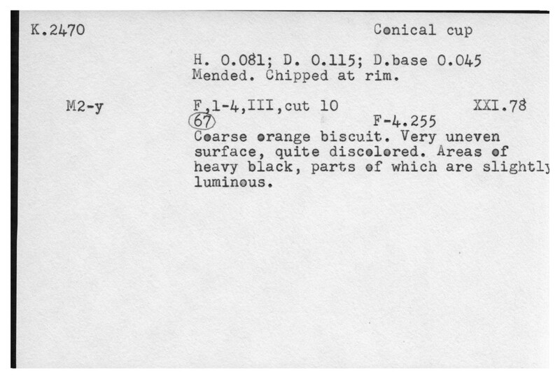 Index card with typed and handwritten information, sometimes including a sketch, of pottery from an excavation.