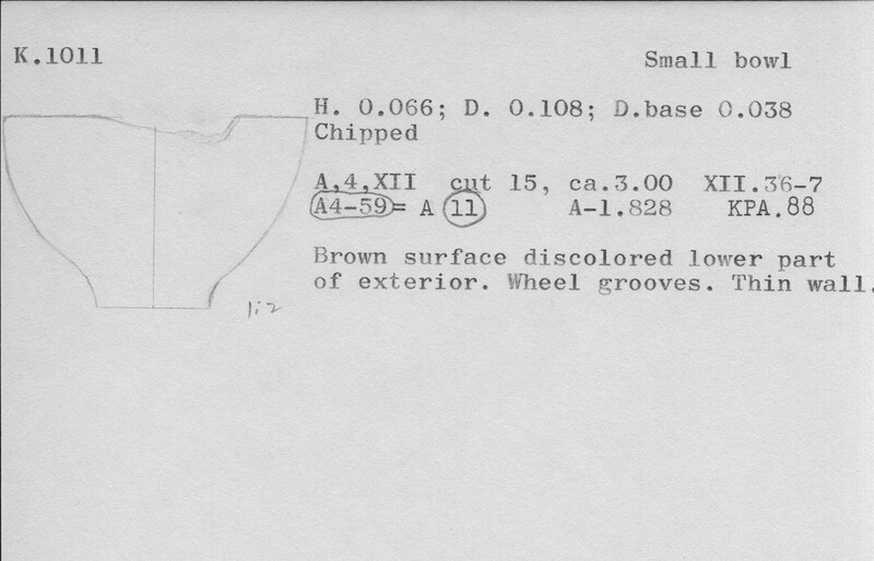 Index card with typed and handwritten information, sometimes including a sketch, of pottery from an excavation.