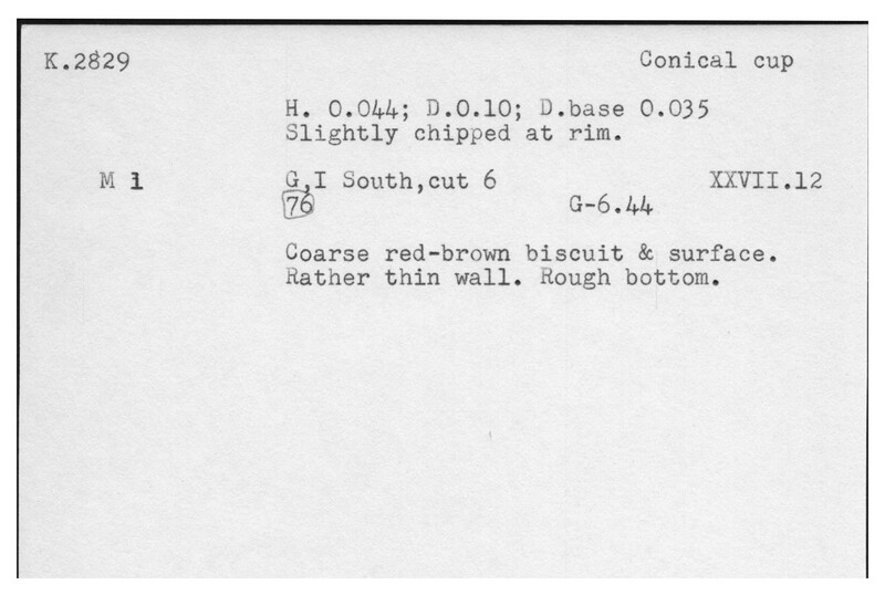 Index card with typed and handwritten information, sometimes including a sketch, of pottery from an excavation.