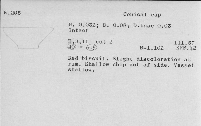 Index card with typed and handwritten information, sometimes including a sketch, of pottery from an excavation.