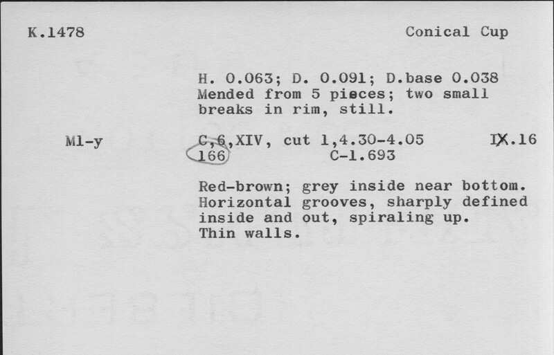 Index card with typed and handwritten information, sometimes including a sketch, of pottery from an excavation.