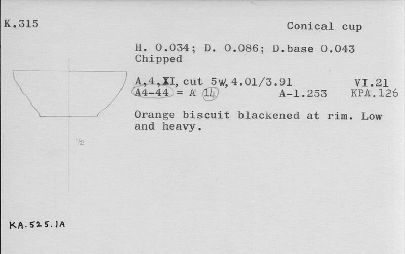 Index card with typed and handwritten information, sometimes including a sketch, of pottery from an excavation.