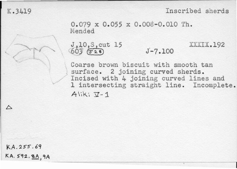 Index card with typed and handwritten information, sometimes including a sketch, of pottery from an excavation.