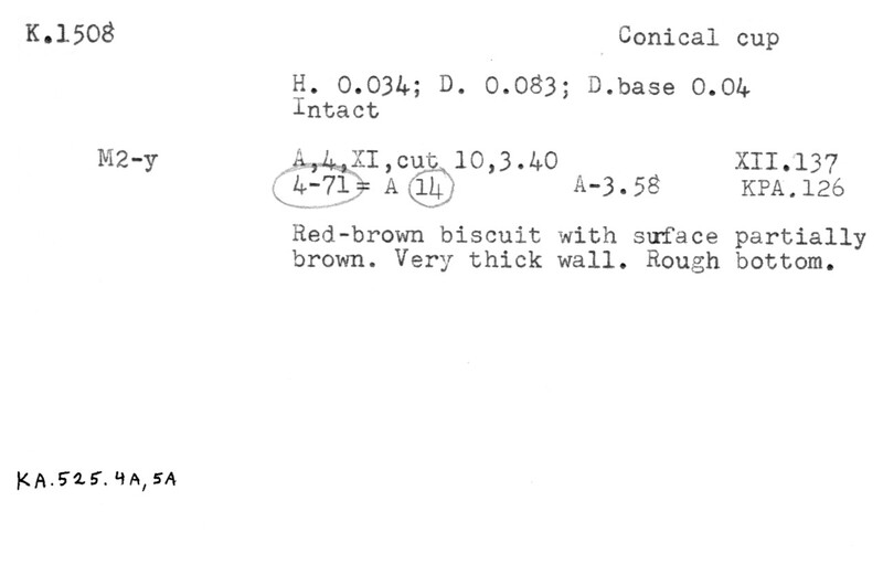 Index card with typed and handwritten information, sometimes including a sketch, of pottery from an excavation.