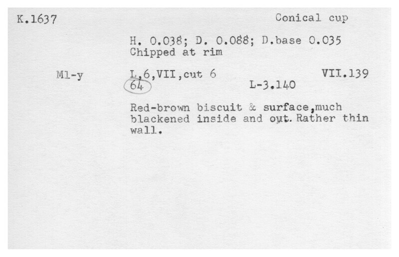 Index card with typed and handwritten information, sometimes including a sketch, of pottery from an excavation.