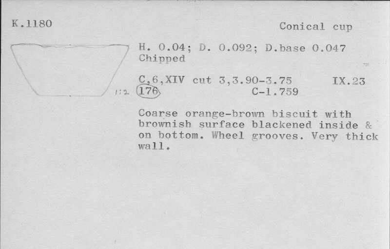 Index card with typed and handwritten information, sometimes including a sketch, of pottery from an excavation.