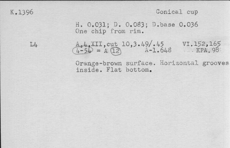 Index card with typed and handwritten information, sometimes including a sketch, of pottery from an excavation.