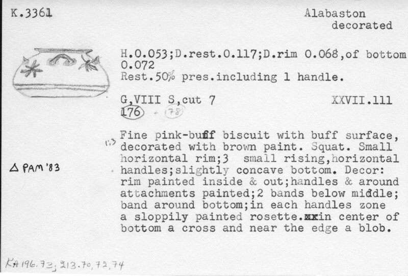 Index card with typed and handwritten information, sometimes including a sketch, of pottery from an excavation.