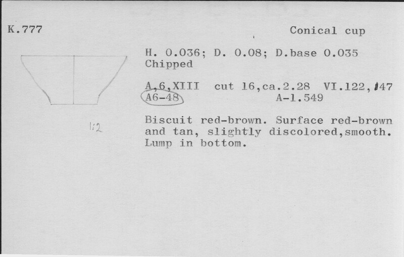 Index card with typed and handwritten information, sometimes including a sketch, of pottery from an excavation.