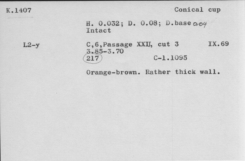 Index card with typed and handwritten information, sometimes including a sketch, of pottery from an excavation.
