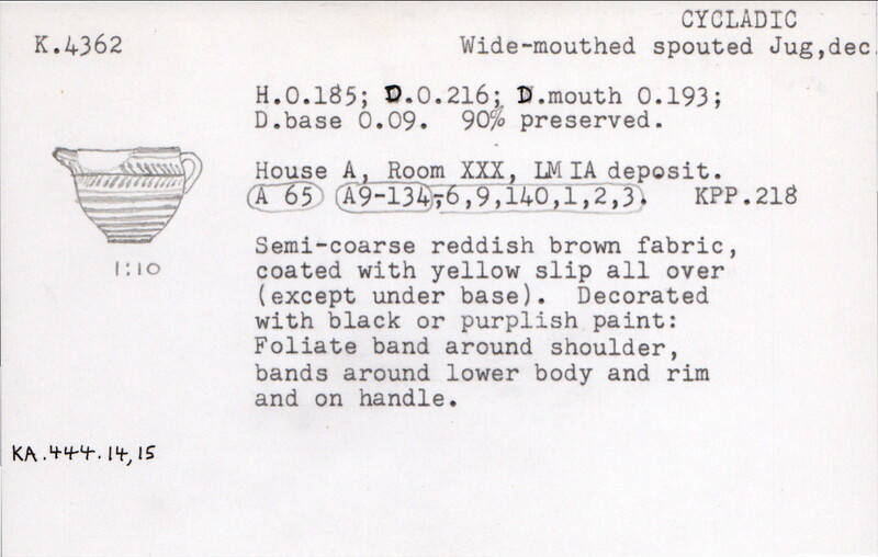 Index card with typed and handwritten information, sometimes including a sketch, of pottery from an excavation.
