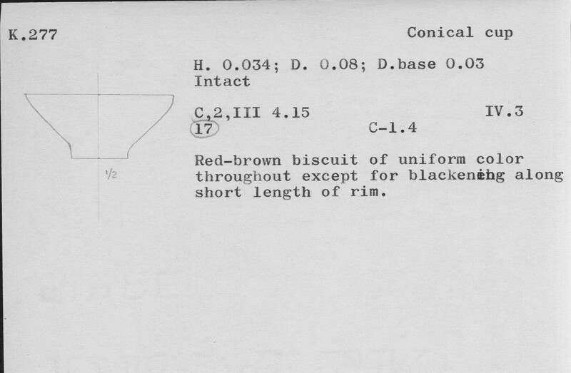 Index card with typed and handwritten information, sometimes including a sketch, of pottery from an excavation.