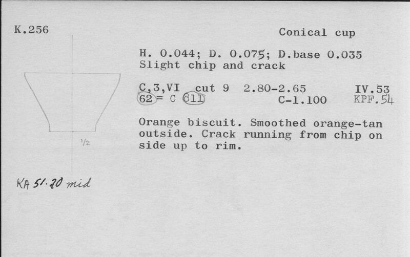 Index card with typed and handwritten information, sometimes including a sketch, of pottery from an excavation.