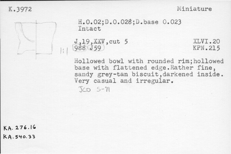 Index card with typed and handwritten information, sometimes including a sketch, of pottery from an excavation.