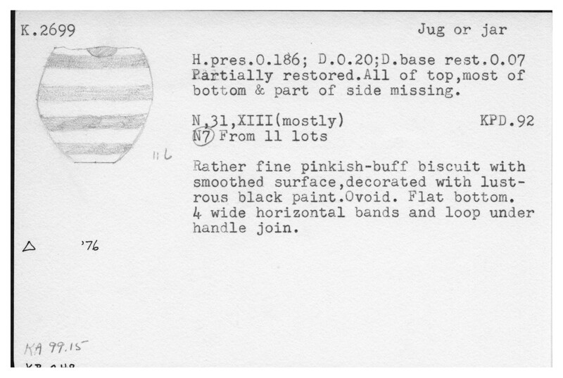Index card with typed and handwritten information, sometimes including a sketch, of pottery from an excavation.