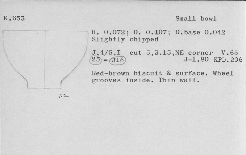Index card with typed and handwritten information, sometimes including a sketch, of pottery from an excavation.