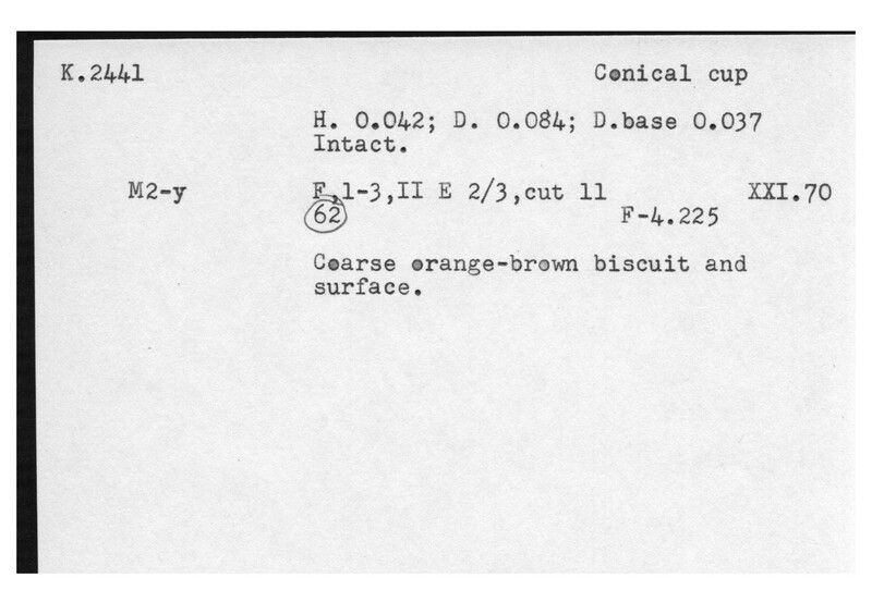 Index card with typed and handwritten information, sometimes including a sketch, of pottery from an excavation.