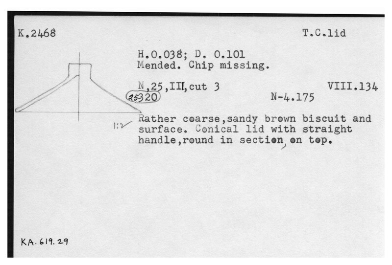 Index card with typed and handwritten information, sometimes including a sketch, of pottery from an excavation.