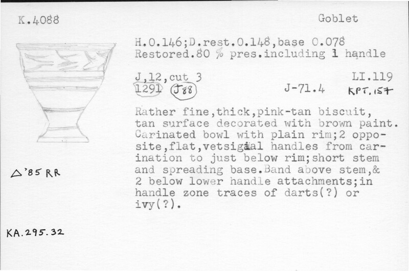 Index card with typed and handwritten information, sometimes including a sketch, of pottery from an excavation.