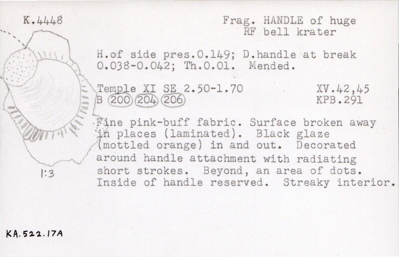 Index card with typed and handwritten information, sometimes including a sketch, of pottery from an excavation.