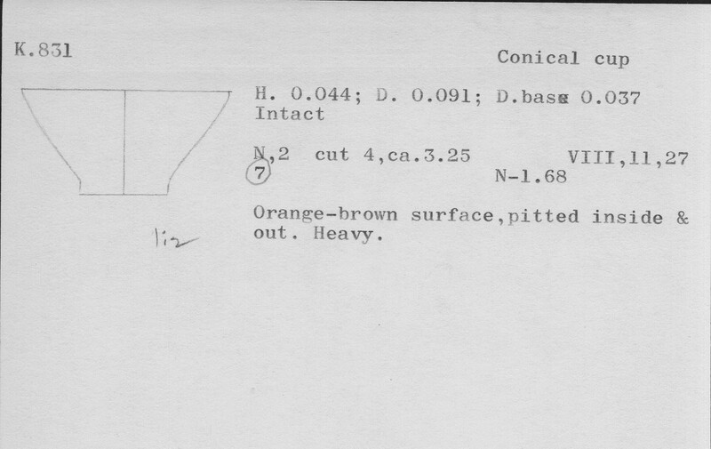 Index card with typed and handwritten information, sometimes including a sketch, of pottery from an excavation.