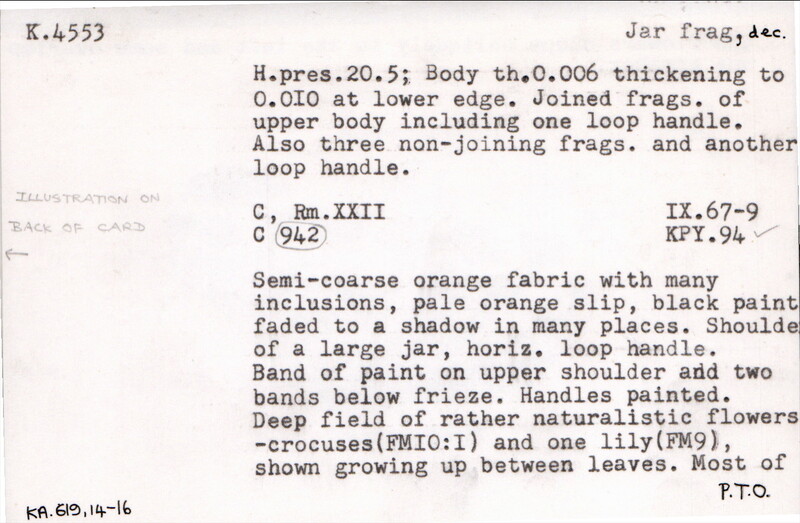 Index card with typed and handwritten information, sometimes including a sketch, of pottery from an excavation.