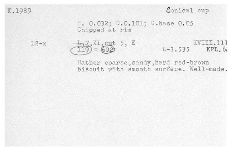 Index card with typed and handwritten information, sometimes including a sketch, of pottery from an excavation.