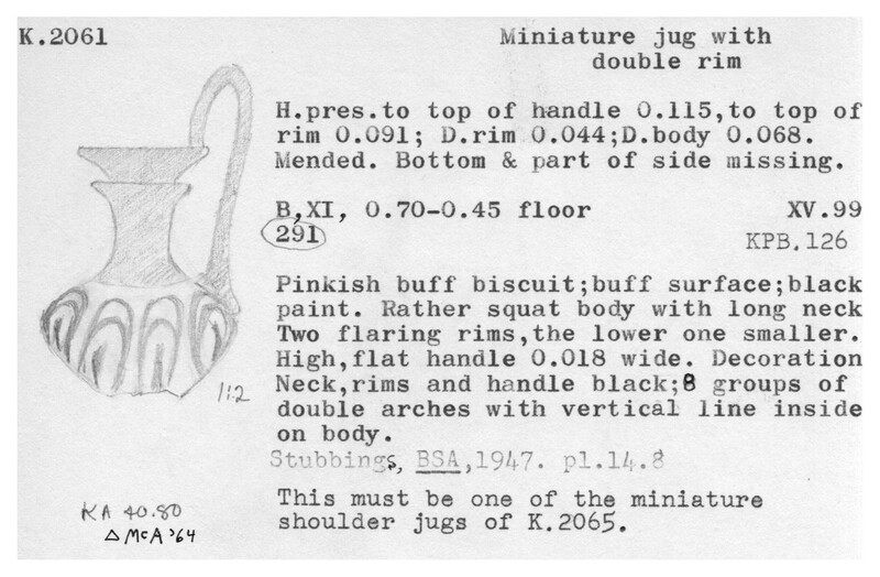 Index card with typed and handwritten information, sometimes including a sketch, of pottery from an excavation.