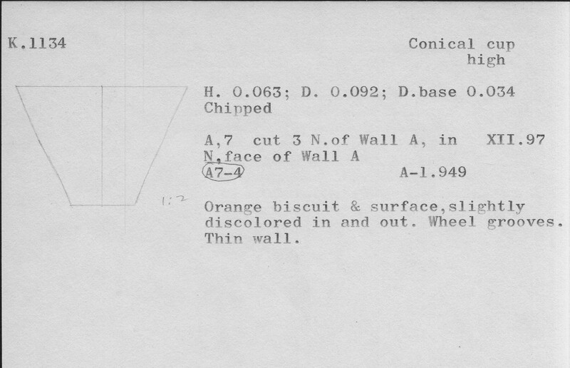 Index card with typed and handwritten information, sometimes including a sketch, of pottery from an excavation.