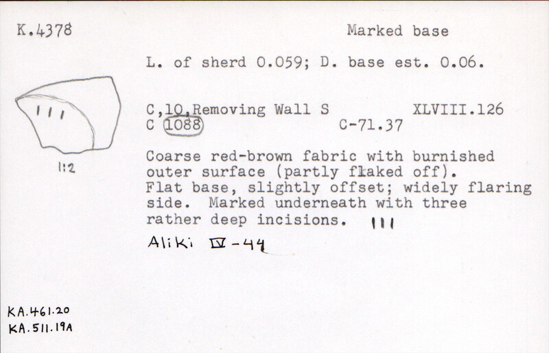 Index card with typed and handwritten information, sometimes including a sketch, of pottery from an excavation.