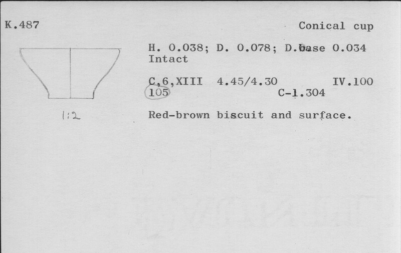 Index card with typed and handwritten information, sometimes including a sketch, of pottery from an excavation.