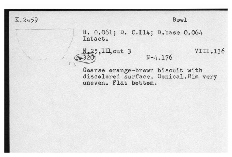Index card with typed and handwritten information, sometimes including a sketch, of pottery from an excavation.