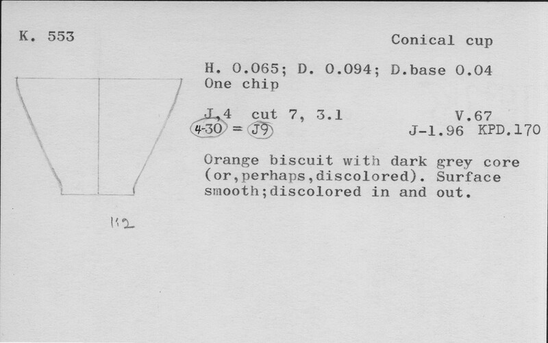 Index card with typed and handwritten information, sometimes including a sketch, of pottery from an excavation.