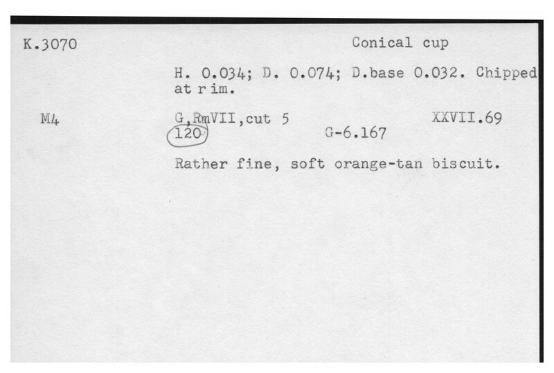 Index card with typed and handwritten information, sometimes including a sketch, of pottery from an excavation.